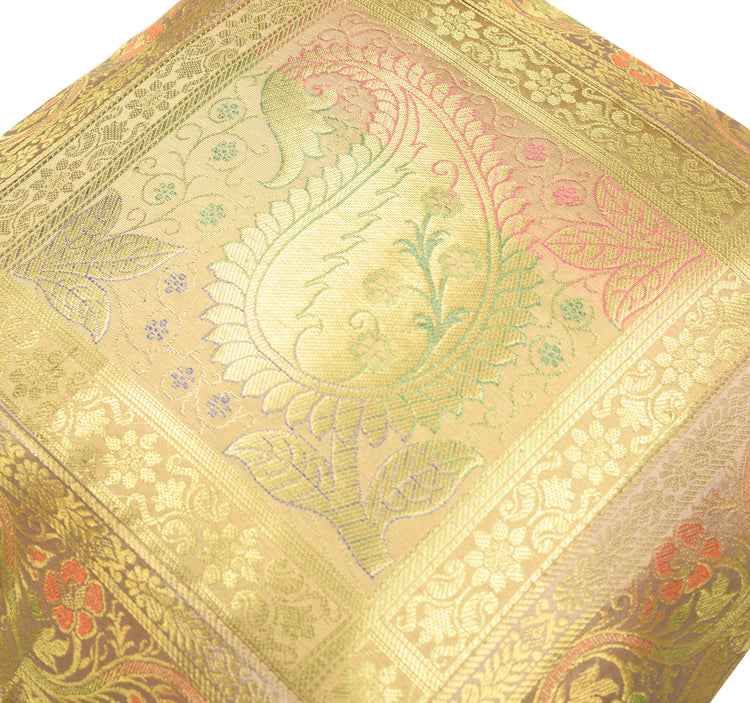 16x16" Beige-Gold Banarasi Silk Cushion Cover Featuring Zari Brocade Paisley