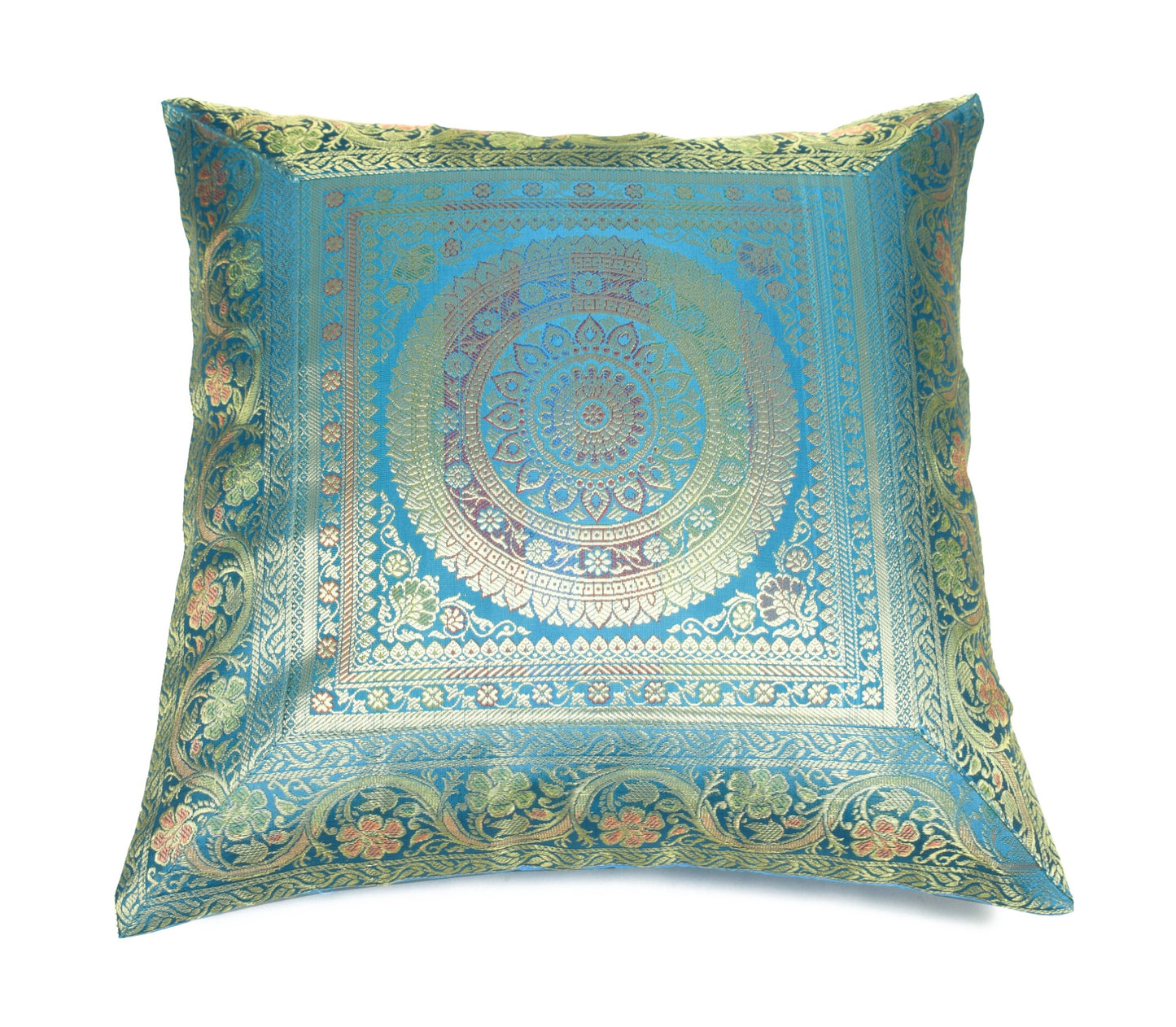 Turquoise Blue Banarasi Silk Cushion Cover 16x16 Featuring Woven Zari Mandala