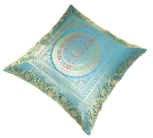 Turquoise Blue Banarasi Silk Cushion Cover 16x16 Featuring Woven Zari Mandala