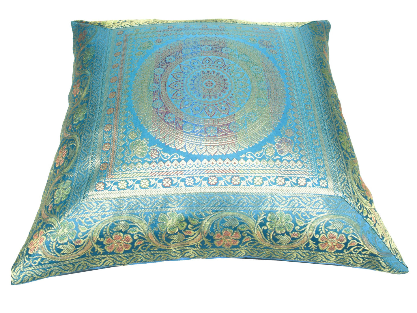 Turquoise Blue Banarasi Silk Cushion Cover 16x16 Featuring Woven Zari Mandala