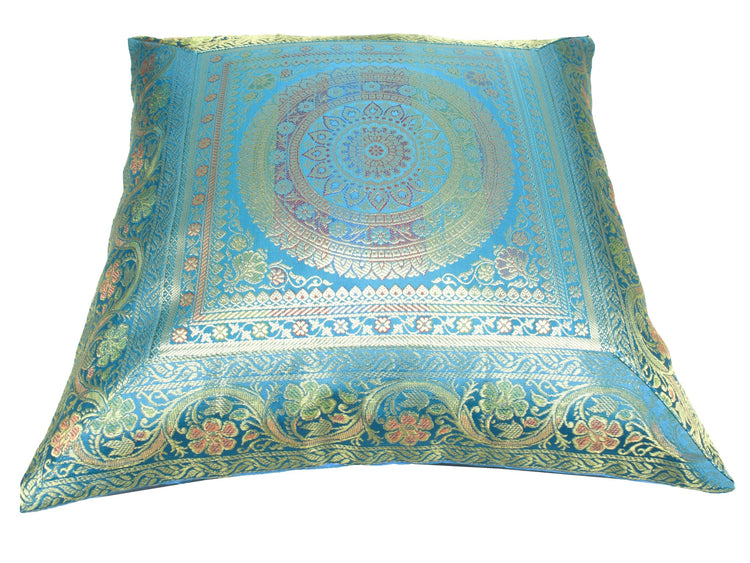 Turquoise Blue Banarasi Silk Cushion Cover 16x16 Featuring Woven Zari Mandala