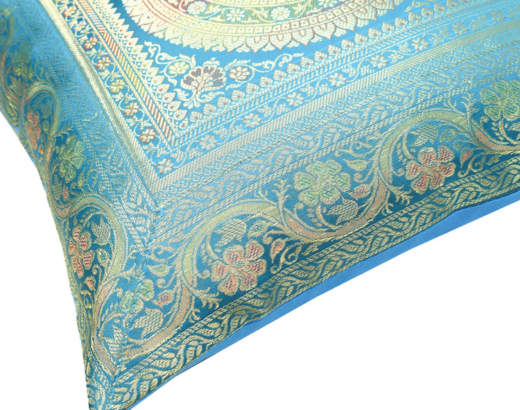 Turquoise Blue Banarasi Silk Cushion Cover 16x16 Featuring Woven Zari Mandala