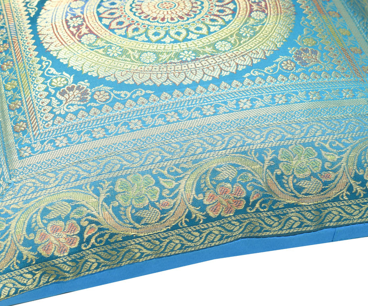 Turquoise Blue Banarasi Silk Cushion Cover 16x16 Featuring Woven Zari Mandala