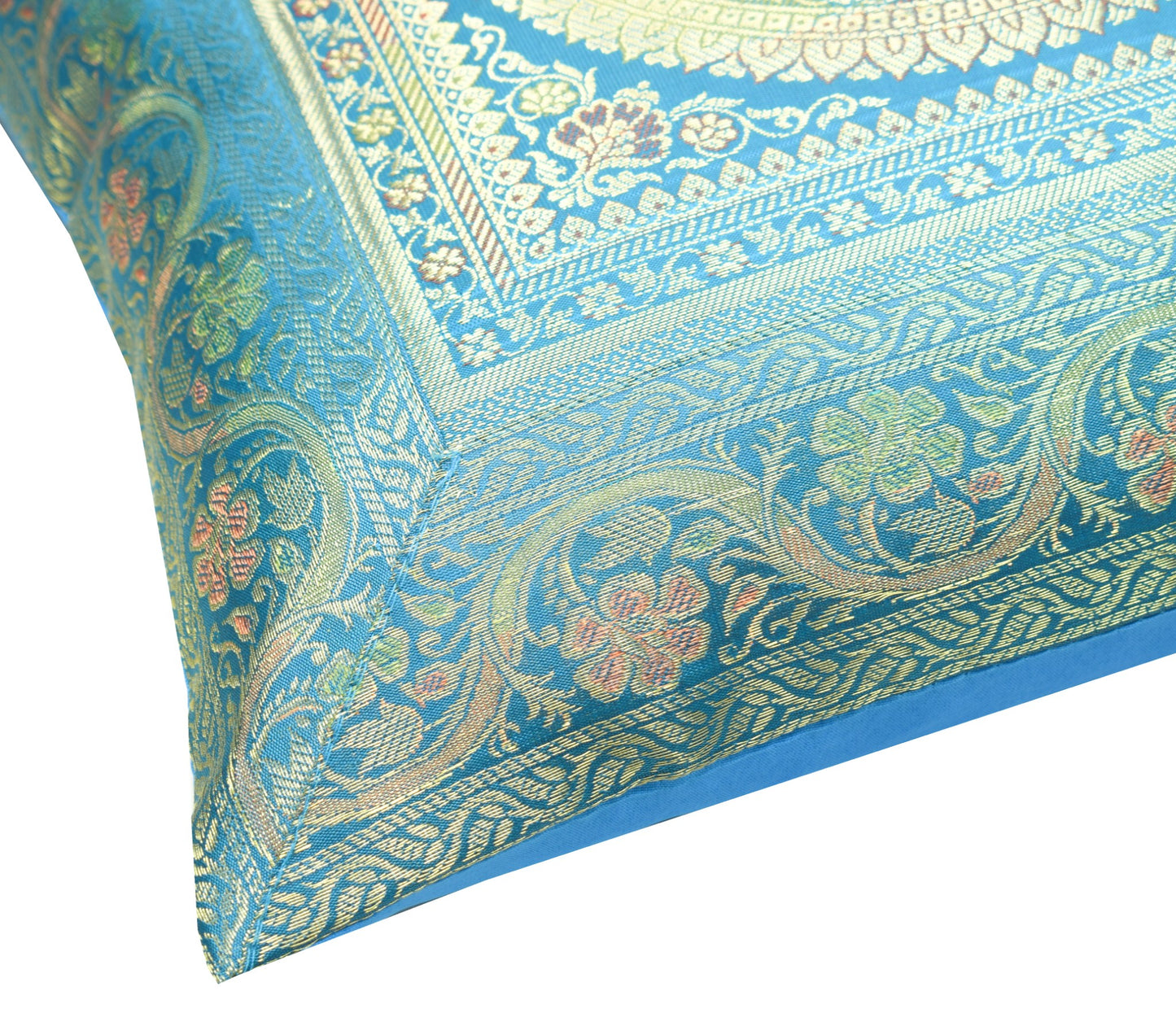 Turquoise Blue Banarasi Silk Cushion Cover 16x16 Featuring Woven Zari Mandala