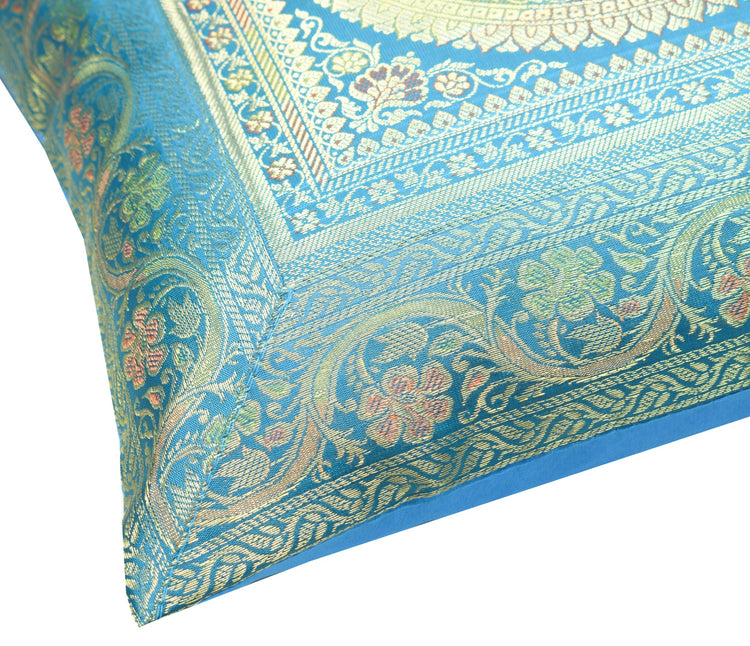 Turquoise Blue Banarasi Silk Cushion Cover 16x16 Featuring Woven Zari Mandala