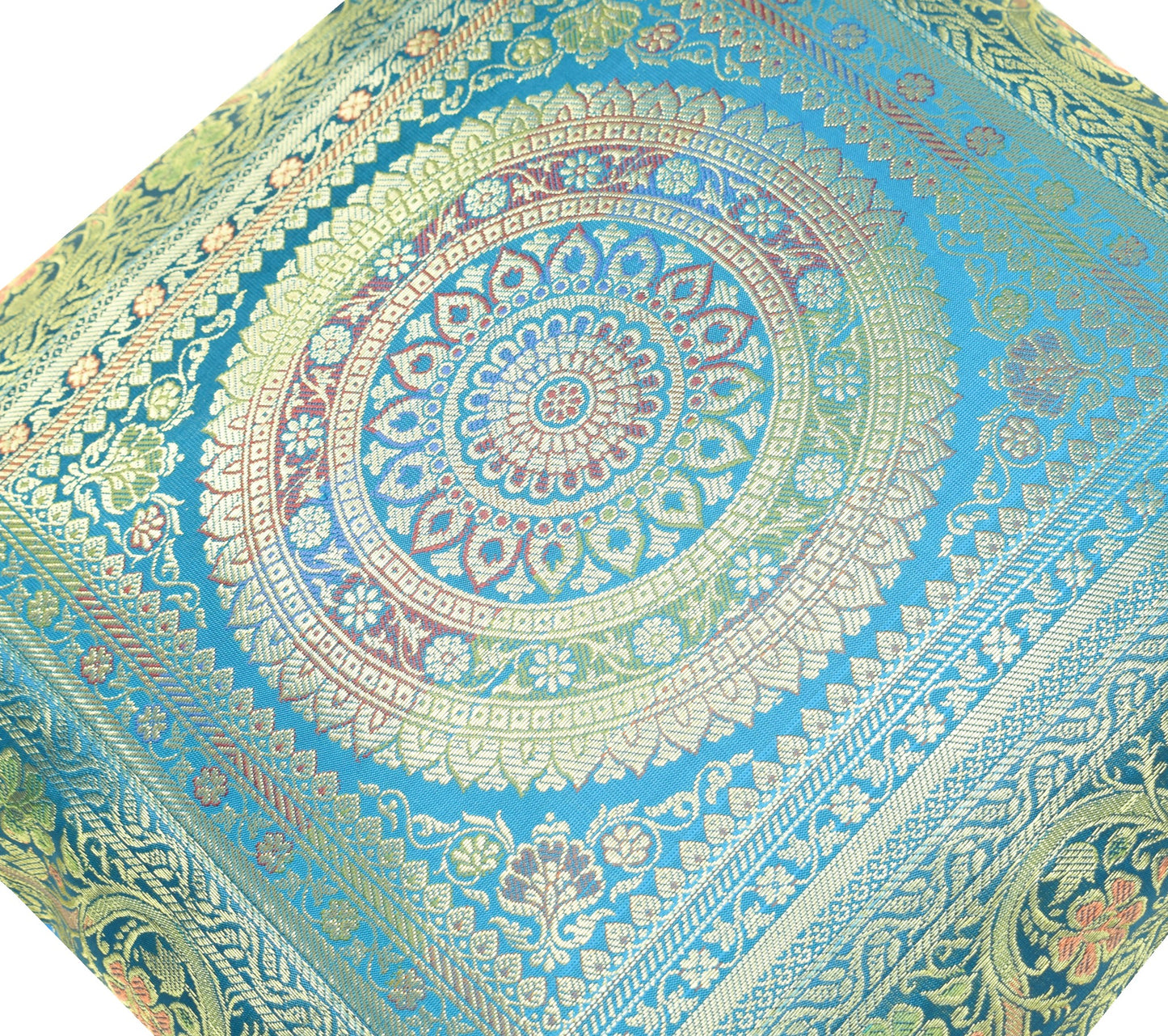 Turquoise Blue Banarasi Silk Cushion Cover 16x16 Featuring Woven Zari Mandala