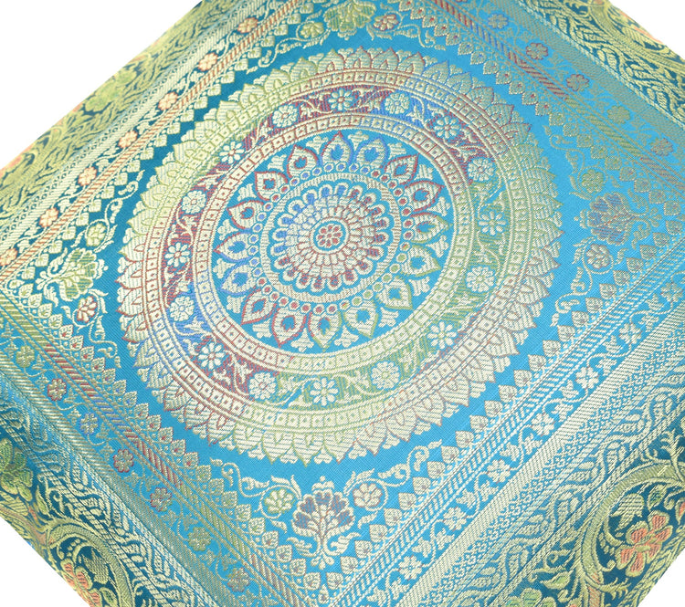 Turquoise Blue Banarasi Silk Cushion Cover 16x16 Featuring Woven Zari Mandala