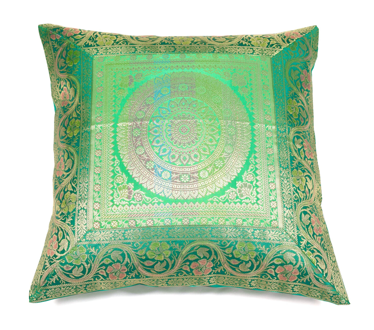 16x16 Inch Green Banarasi Silk Cushion Cover with Woven Zari Brocade and Mandala