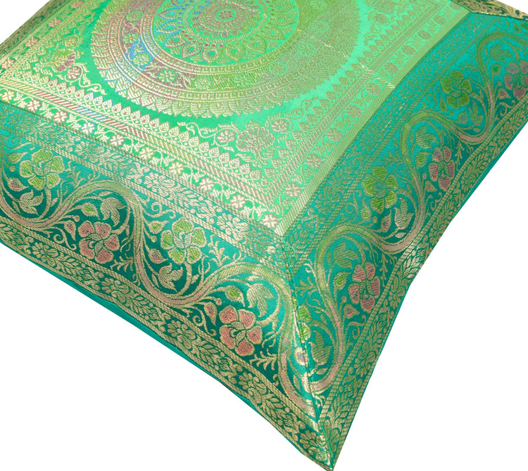16x16 Inch Green Banarasi Silk Cushion Cover with Woven Zari Brocade and Mandala