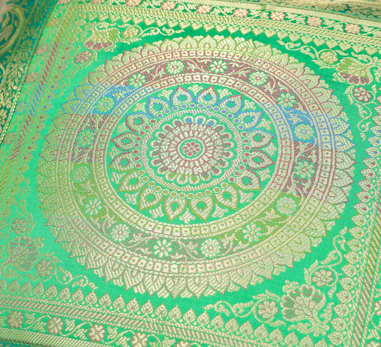 16x16 Inch Green Banarasi Silk Cushion Cover with Woven Zari Brocade and Mandala