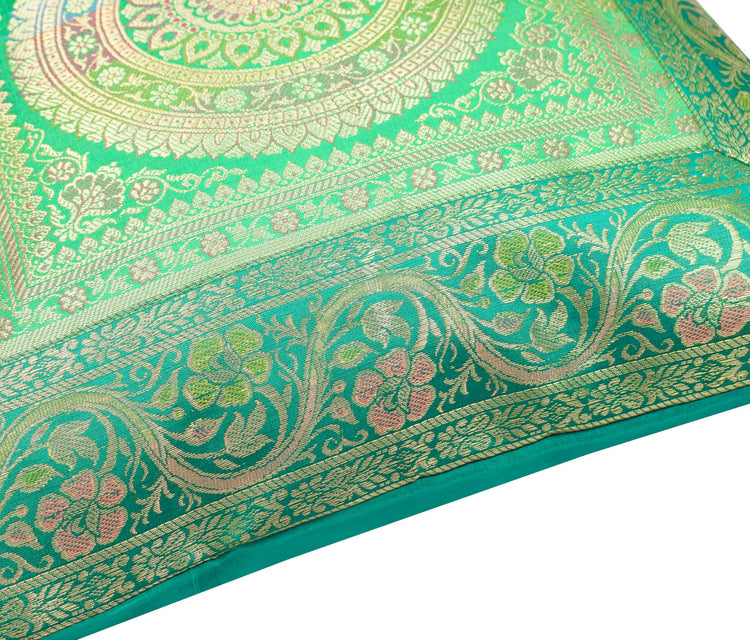 16x16 Inch Green Banarasi Silk Cushion Cover with Woven Zari Brocade and Mandala