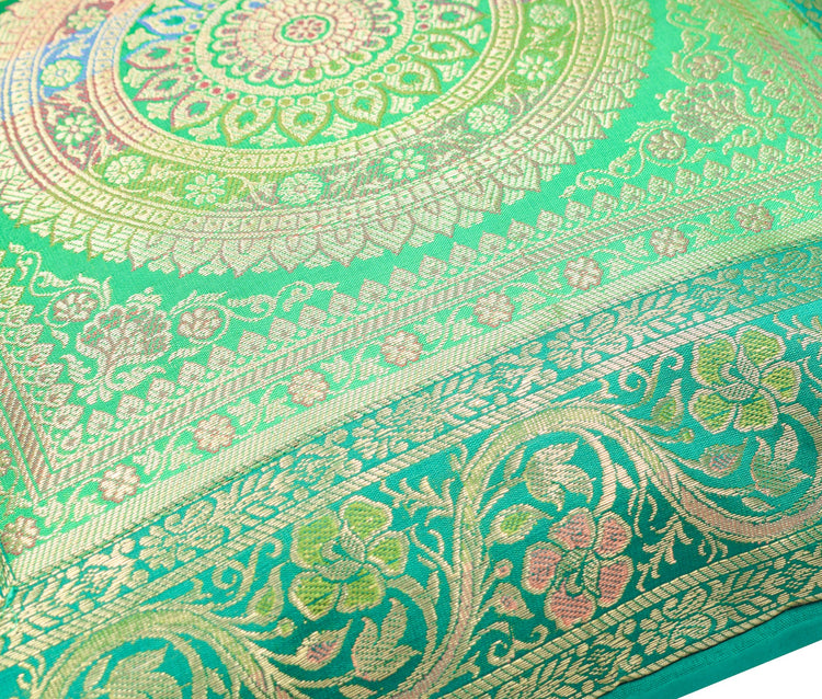 16x16 Inch Green Banarasi Silk Cushion Cover with Woven Zari Brocade and Mandala