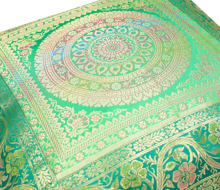 16x16 Inch Green Banarasi Silk Cushion Cover with Woven Zari Brocade and Mandala