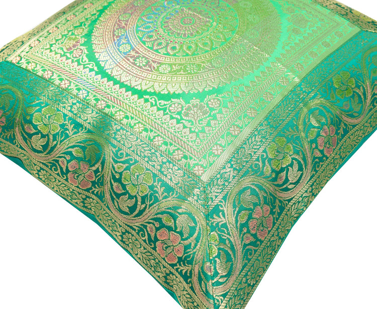 16x16 Inch Green Banarasi Silk Cushion Cover with Woven Zari Brocade and Mandala