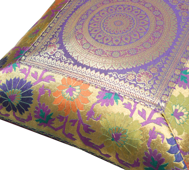 16x16 Inch Purple Indian Woven Zari Brocade Banarasi Silk Mandala Cushion Covers