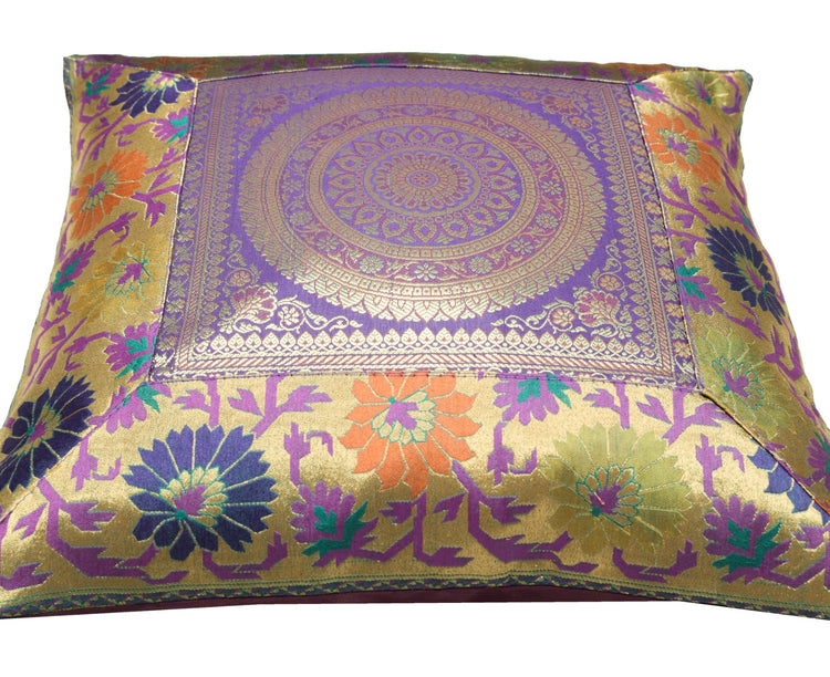 16x16 Inch Purple Indian Woven Zari Brocade Banarasi Silk Mandala Cushion Covers
