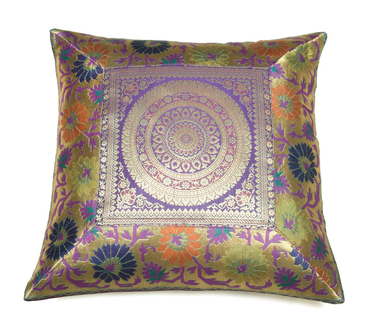 16x16 Inch Purple Indian Woven Zari Brocade Banarasi Silk Mandala Cushion Covers