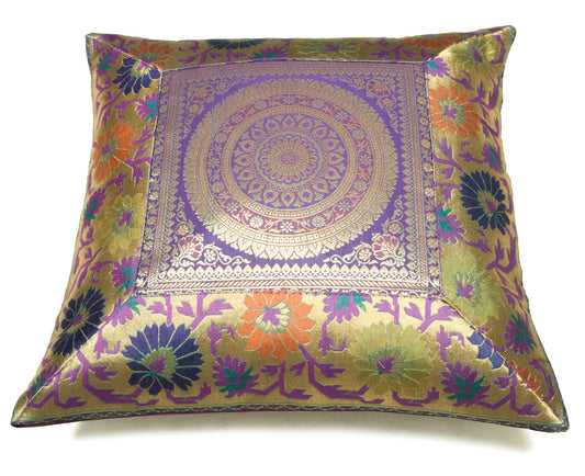 16x16 Inch Purple Indian Woven Zari Brocade Banarasi Silk Mandala Cushion Covers