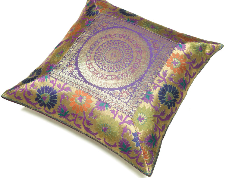 16x16 Inch Purple Indian Woven Zari Brocade Banarasi Silk Mandala Cushion Covers
