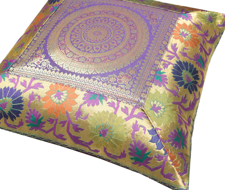 16x16 Inch Purple Indian Woven Zari Brocade Banarasi Silk Mandala Cushion Covers