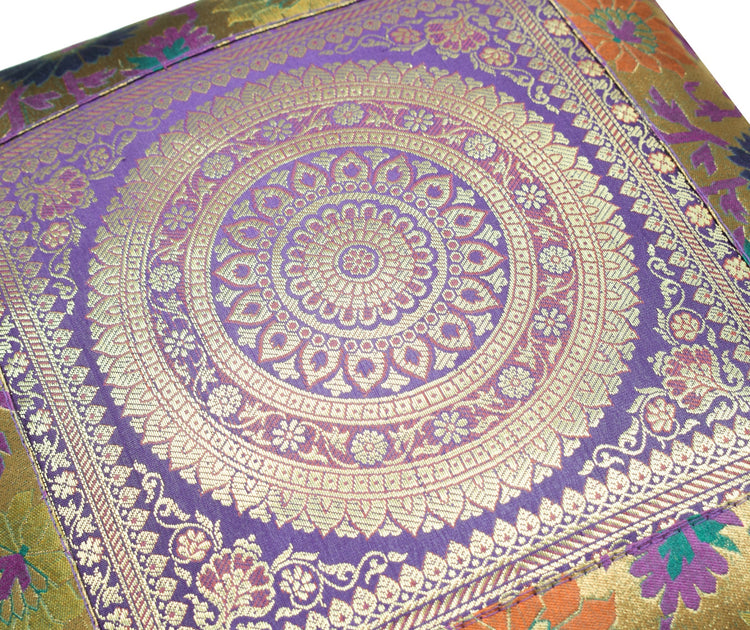 16x16 Inch Purple Indian Woven Zari Brocade Banarasi Silk Mandala Cushion Covers