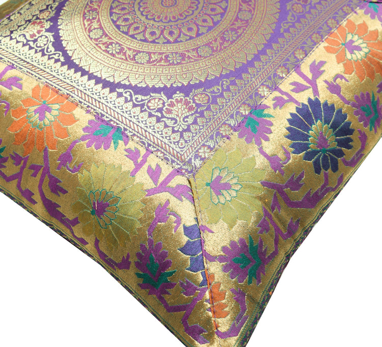 16x16 Inch Purple Indian Woven Zari Brocade Banarasi Silk Mandala Cushion Covers