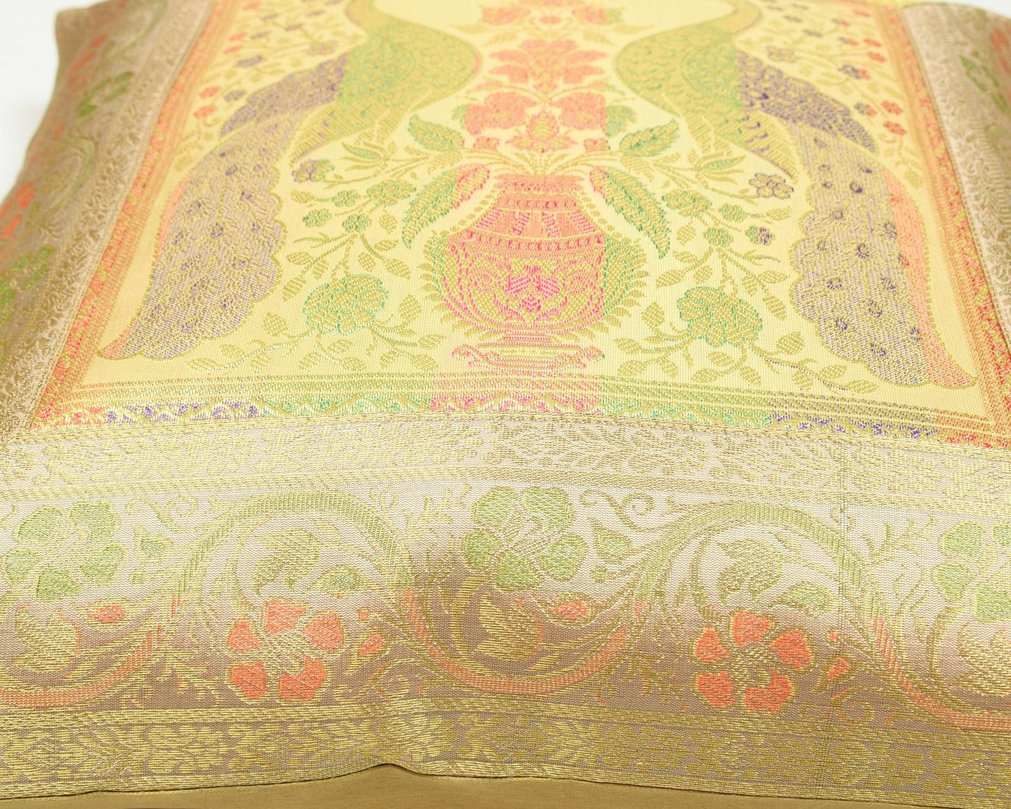 16x16 Inch Beige Cushion Covers Indian Woven Zari Brocade Banarasi Silk Peacock