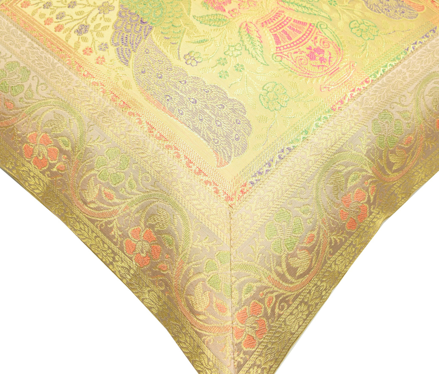16x16 Inch Beige Cushion Covers Indian Woven Zari Brocade Banarasi Silk Peacock
