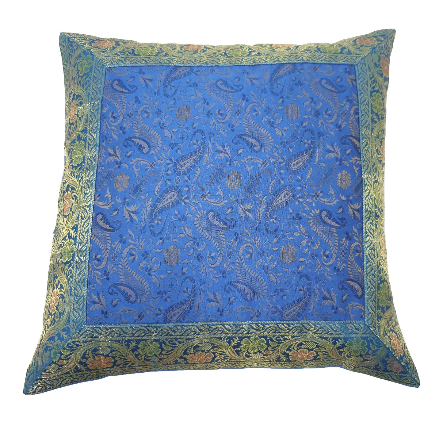 16x16" Banarasi Cushion Cover Woven Zari Brocade Silk Paisley Turquois Blue Gift