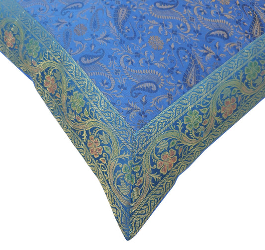 16x16" Banarasi Cushion Cover Woven Zari Brocade Silk Paisley Turquois Blue Gift