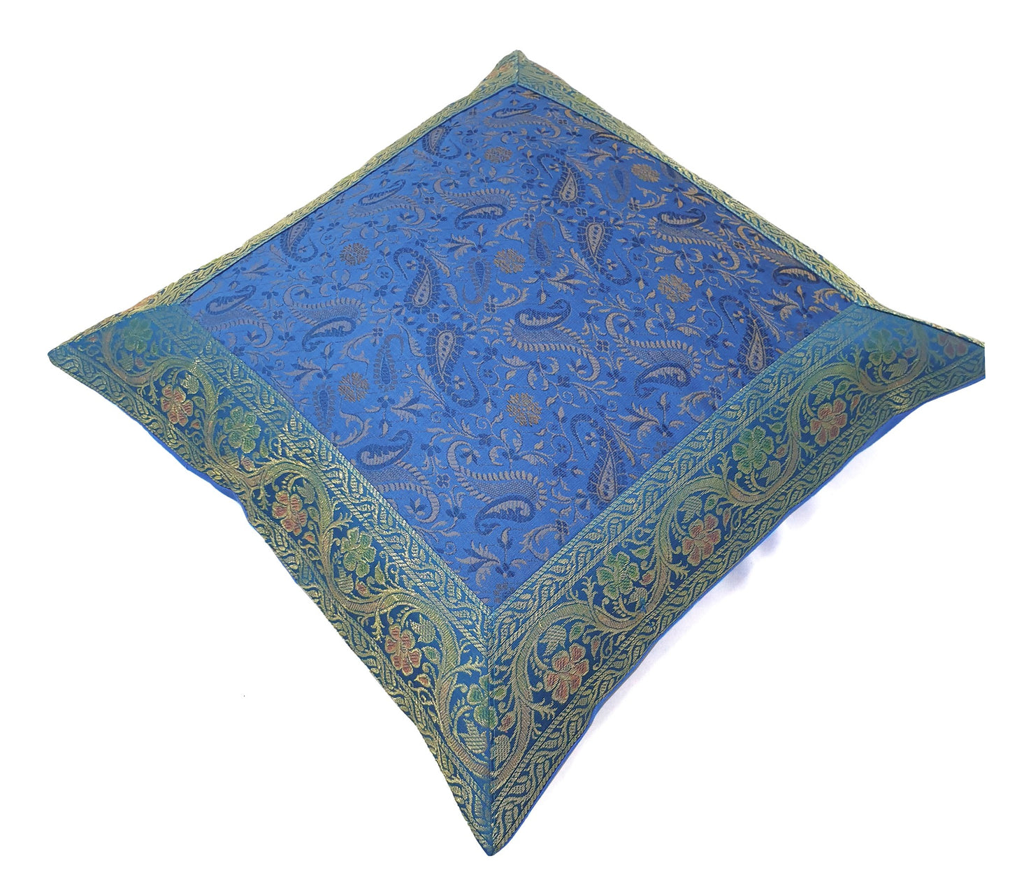 16x16" Banarasi Cushion Cover Woven Zari Brocade Silk Paisley Turquois Blue Gift