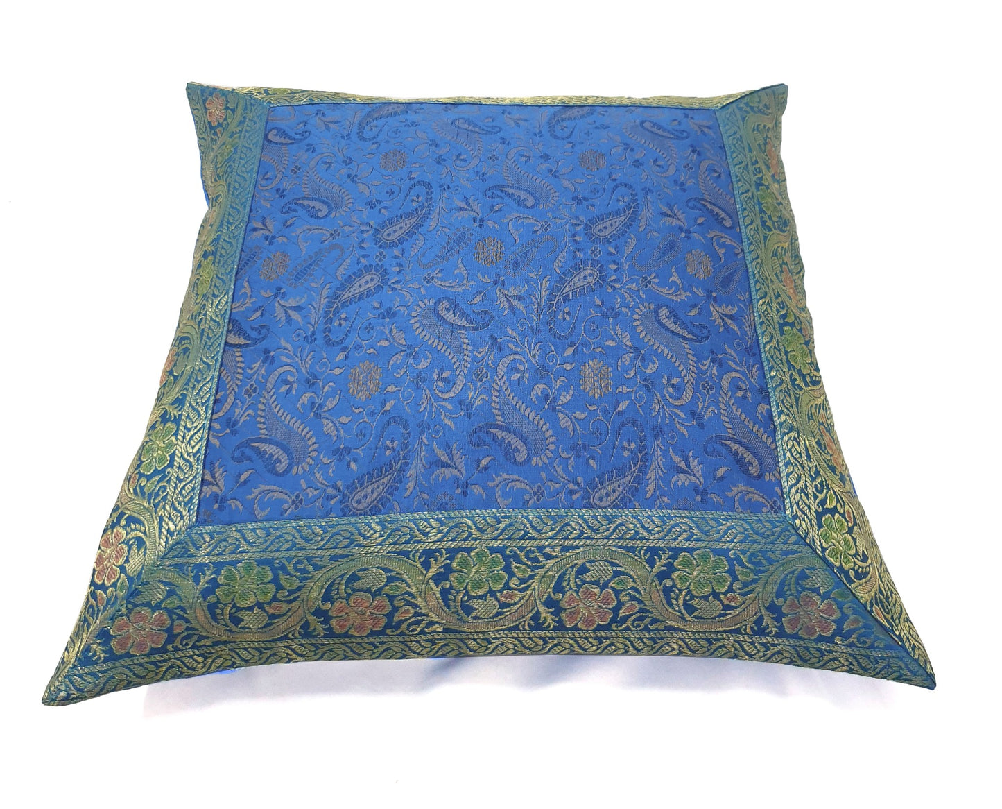 16x16" Banarasi Cushion Cover Woven Zari Brocade Silk Paisley Turquois Blue Gift