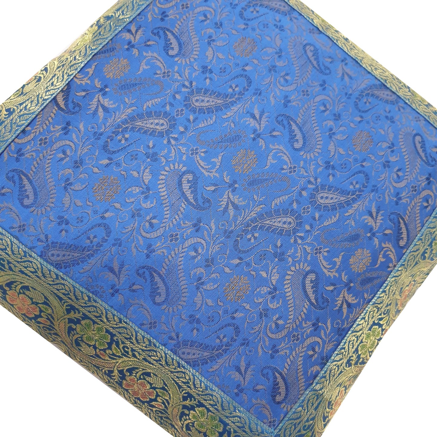 16x16" Banarasi Cushion Cover Woven Zari Brocade Silk Paisley Turquois Blue Gift