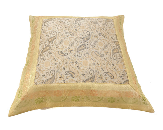 16x16" Banarasi Cushion Cover Indian Woven Brocade Silk Paisley Beige Gift