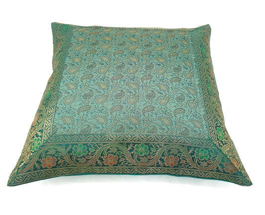 16x16" Banarasi Cushion Cover Indian Woven Brocade Silk Paisley Aqua Green Gift