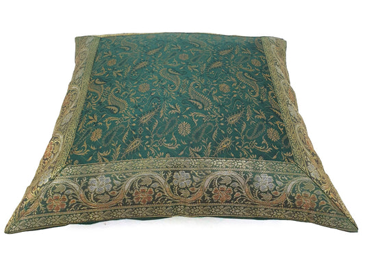 16x16" Banarasi Cushion Cover Woven Zari Brocade Silk Paisley Bottle Green Gift