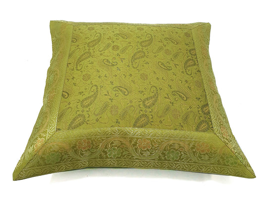 16x16" Banarasi Cushion Covers Indian Woven Zari Brocade Silk Paisley Green Gift