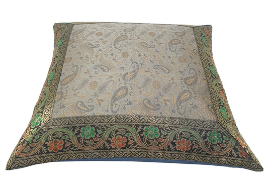 16x16" Banarasi Cushion Covers Indian Woven Zari Brocade Silk Paisley Gray Gift