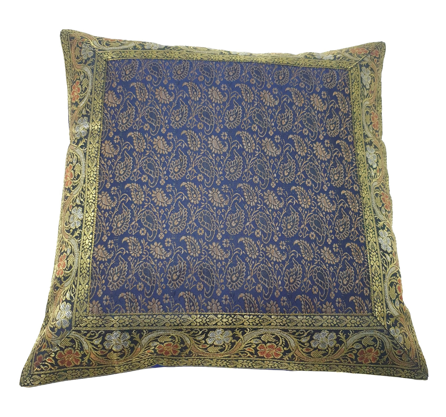 16x16" Banarasi Cushion Cover Indian Woven Brocade Silk Paisley Dark Blue Gift