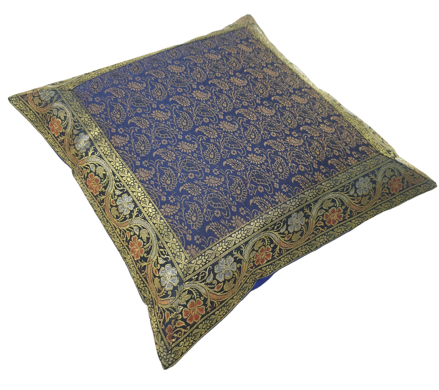 16x16" Banarasi Cushion Cover Indian Woven Brocade Silk Paisley Dark Blue Gift