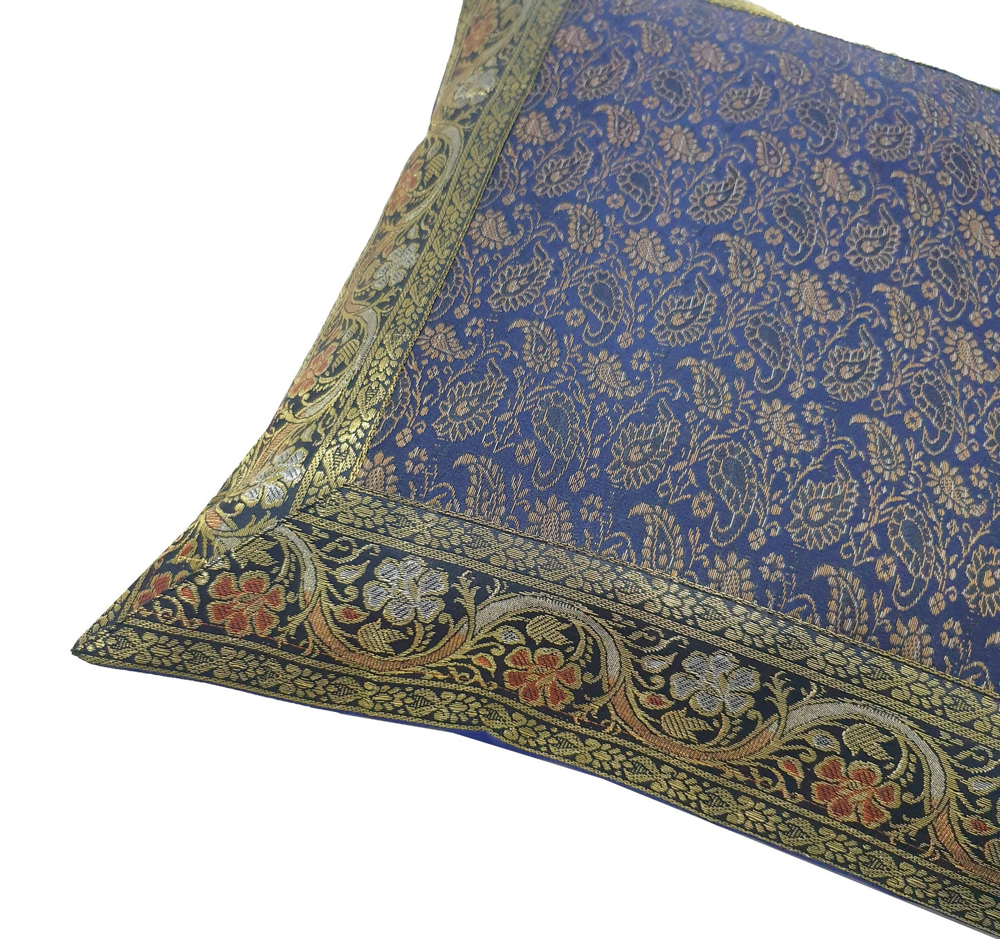 16x16" Banarasi Cushion Cover Indian Woven Brocade Silk Paisley Dark Blue Gift