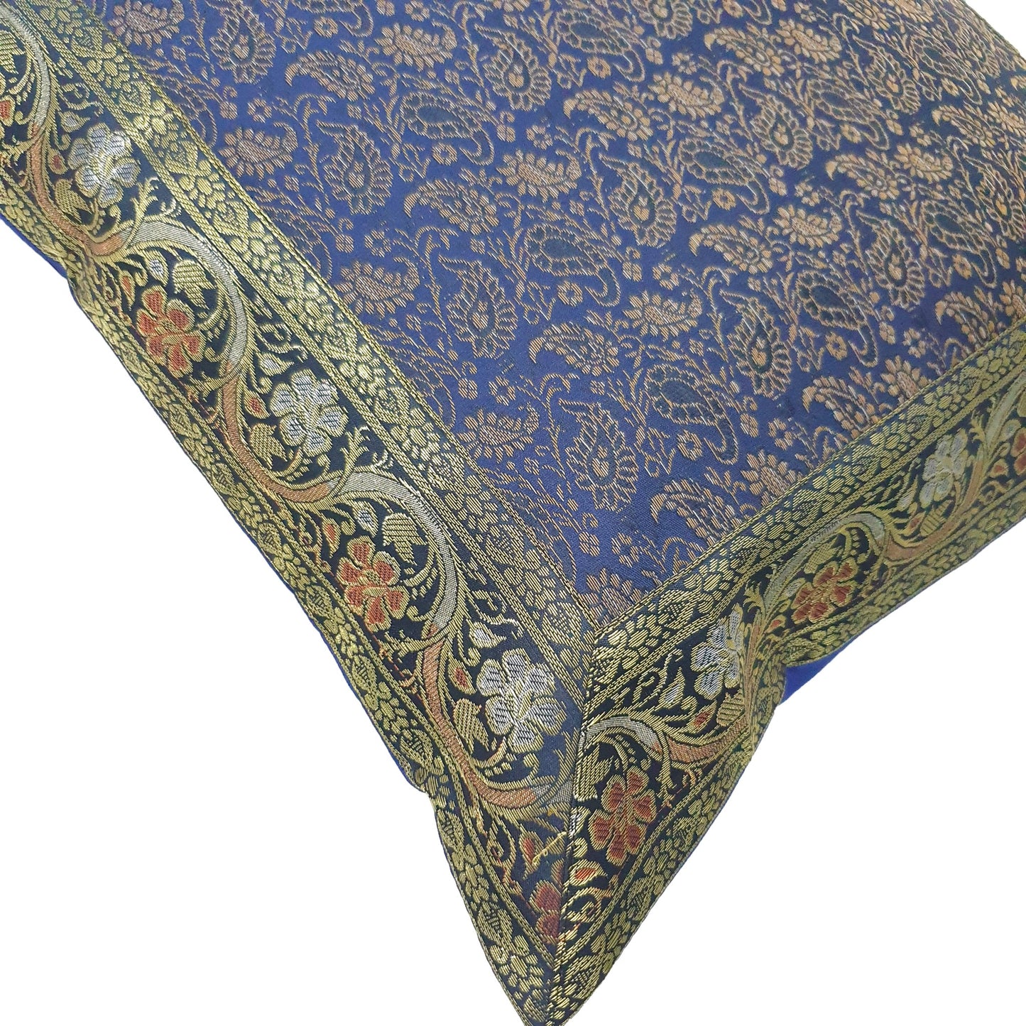 16x16" Banarasi Cushion Cover Indian Woven Brocade Silk Paisley Dark Blue Gift