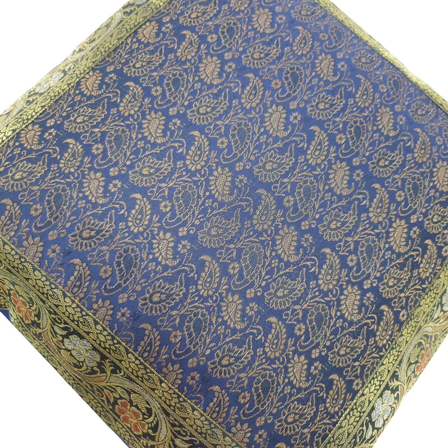 16x16" Banarasi Cushion Cover Indian Woven Brocade Silk Paisley Dark Blue Gift