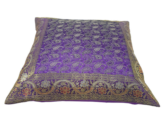 16x16" Banarasi Cushion Cover Purple Indian Woven Zari Brocade Silk Paisley Gift