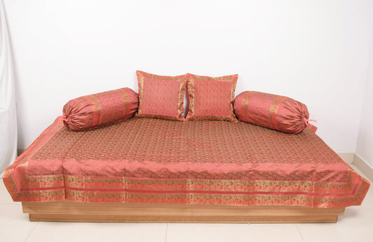 Traditional Banarasi Diwan Set Dark Peach Silk with Zari Brocade Cushion Bolster
