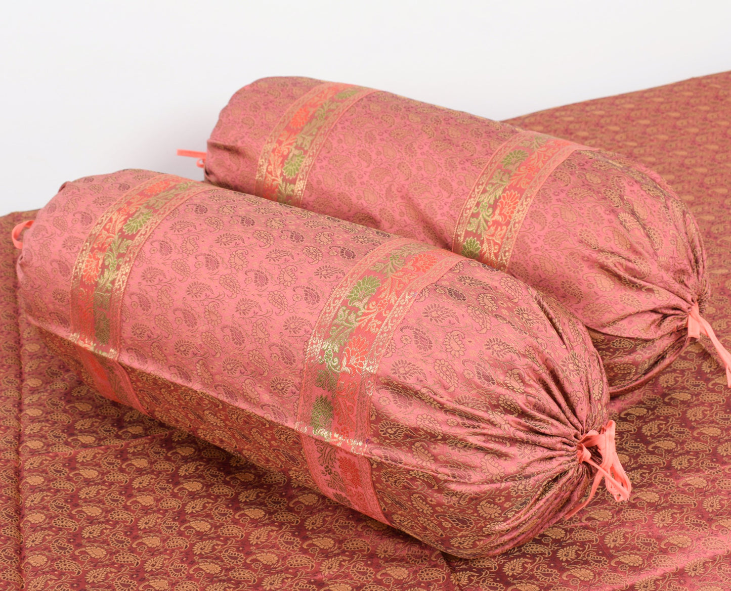 Traditional Banarasi Diwan Set Dark Peach Silk with Zari Brocade Cushion Bolster