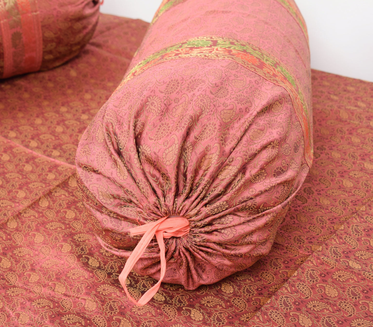 Traditional Banarasi Diwan Set Dark Peach Silk with Zari Brocade Cushion Bolster