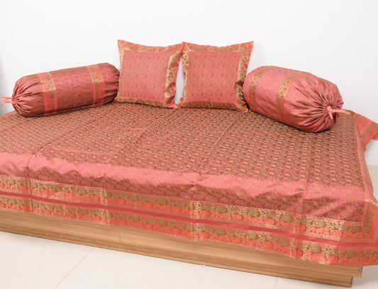 Traditional Banarasi Diwan Set Dark Peach Silk with Zari Brocade Cushion Bolster