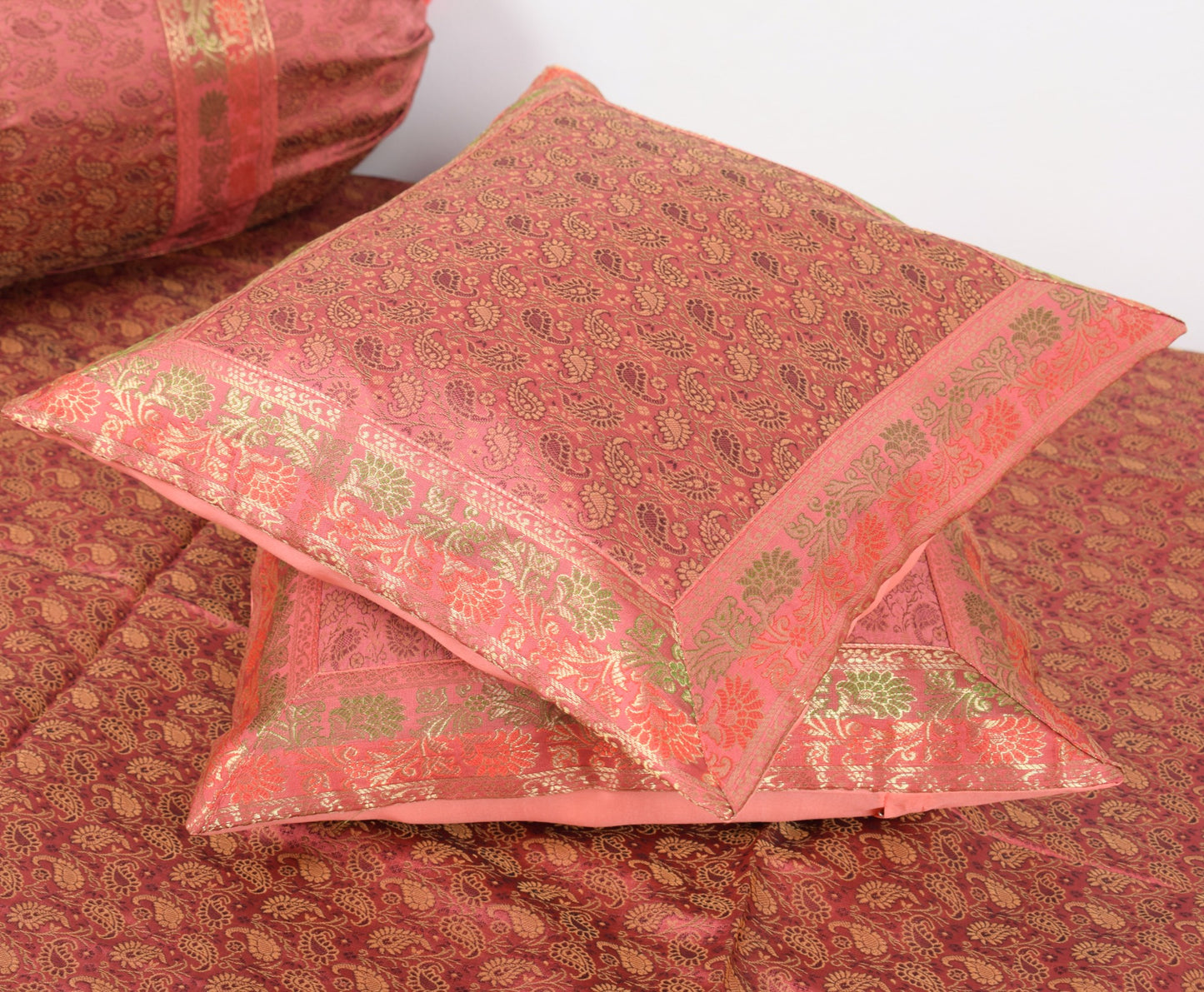 Traditional Banarasi Diwan Set Dark Peach Silk with Zari Brocade Cushion Bolster