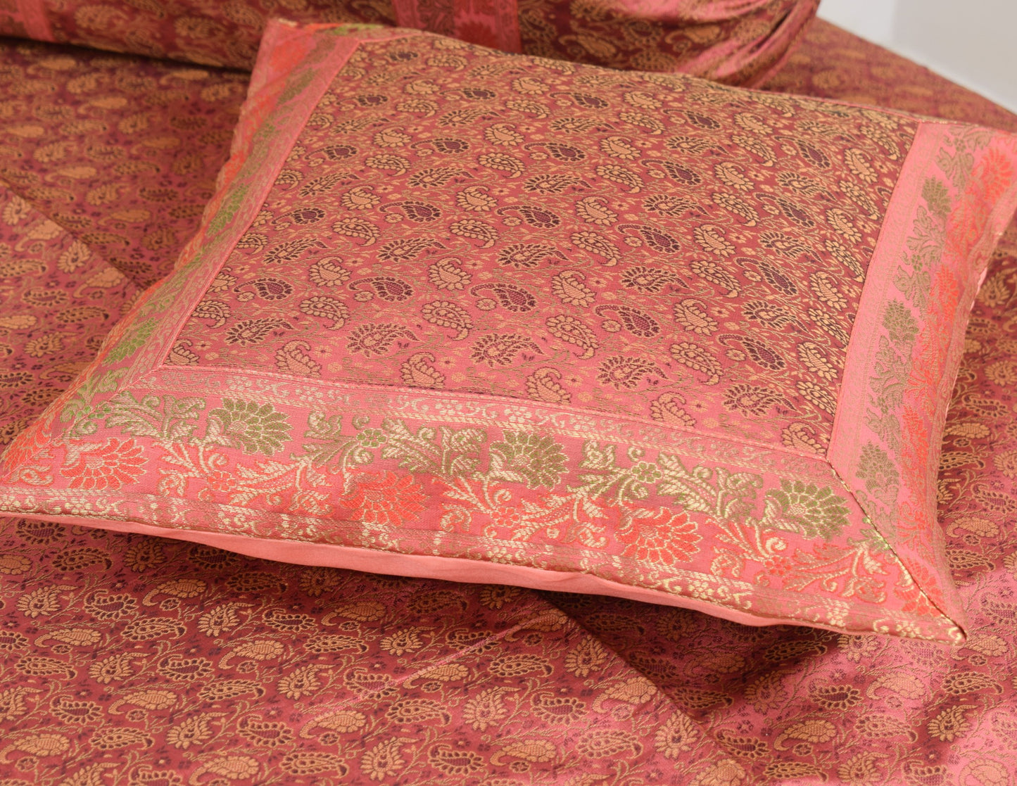 Traditional Banarasi Diwan Set Dark Peach Silk with Zari Brocade Cushion Bolster